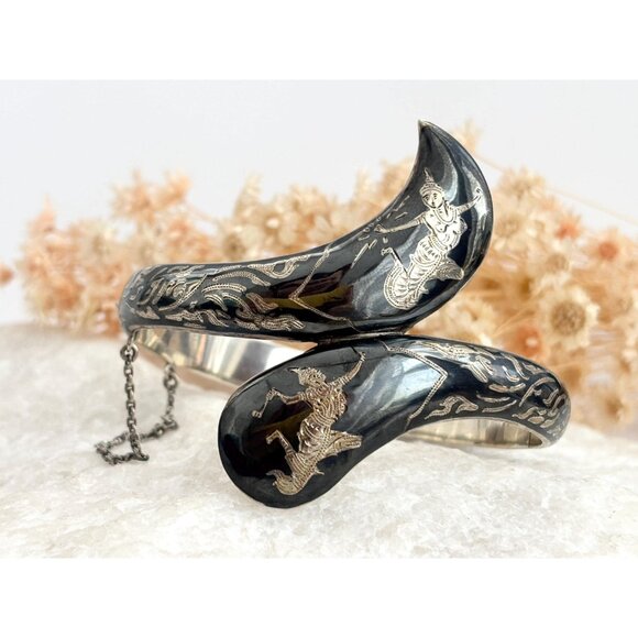 Siam Sterling Silver Bypass Style Hinged Nielloware Thai Made Vintage Bracelet - Picture 2 of 16